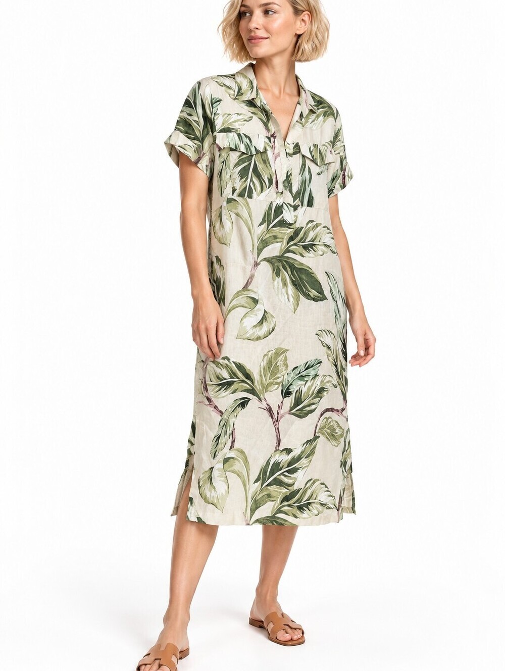 Ann Taylor XXS Linen Blend Green Botanical Leaf Print Midi Shirt Dress EUC